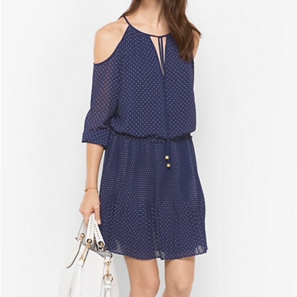 Michael Kors Pindot Peekaboo Dress Womens Small White Blue